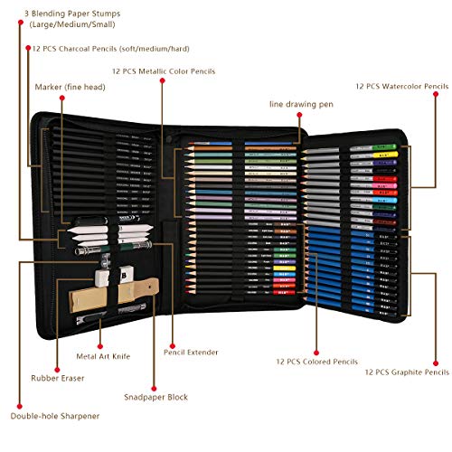H&B 72 Piece Colored pencils Set, Drawing Pencils and Sketching Kit, Art Pencils Set with Pencil Case and Assorted Pencils, Ideal for Artist and Adults, Art Set