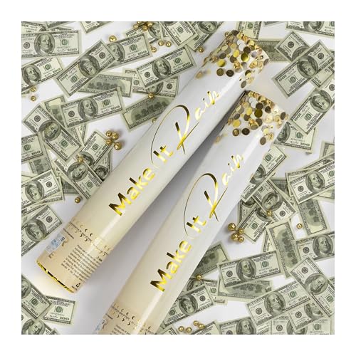 PrimePure Canon Confettis - Confettis Biodegradables Mini Billets Argent 100 Dollars - Lot de 2 - Cannon a Confetti Party Poppers Lanceur de Billet pour...