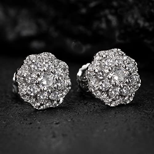 White Gold Rhodium 925 Sterling Silver Unisex Hypoallergenic Iced Cz Round Flower Cluster Hip Hop Round Honey Comb Set Screw Back Stud Earrings For Men And Women3
