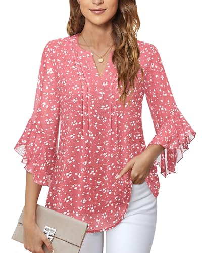 Image of Timeson Women's Short Sleeve V Neck Blouses Shirts Floral Double Layers Mesh Tunics Tops