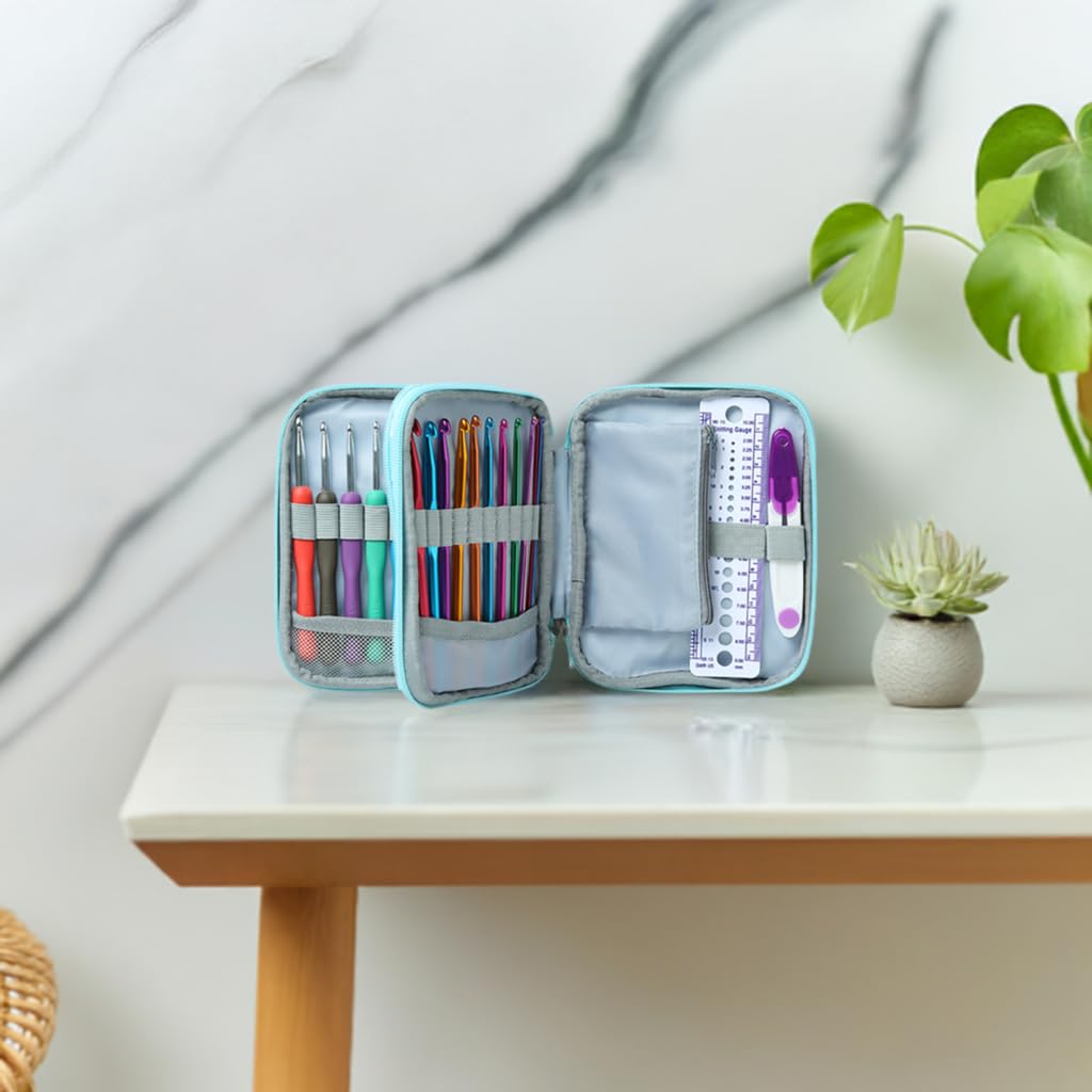 SHAXANO Zestaw haczyków do szydełkowania z etui, 86-częściowy zestaw haczyków do szydełkowania, z 9 gumowymi ergonomicznymi haczykami i 12 aluminiowymi haczykami do szydełkowania, 65 niezbędnych akcesoriów do szycia, tkania, robienia na drutach