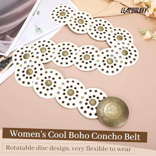 Image of LEACOOLKEY Women's Boho Disc Belt Wide Western Leather Belt Vintage Concho Waist Belts for Dress Jeans