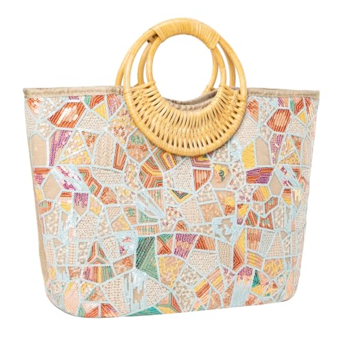 Image of Rattan Wood Handle Sequin Embroidered Floral Beach Bag Tote for Vacation and Wedding Party