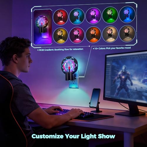 Image of Briignite Plasma Ball Night Lights, RGB Changing Game Room Decor | Electrostatic Globe Plasma Lamp Night Light Plug into Wall, Dusk to Dawn Sensor, STEM Learning Lamp for Kids Room Decor Gift