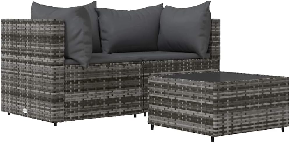 Patio Lounge Set Grey PE Rattan, Powder-Coated Steel, Tempered Glass, Outdoor Sofas, 319763