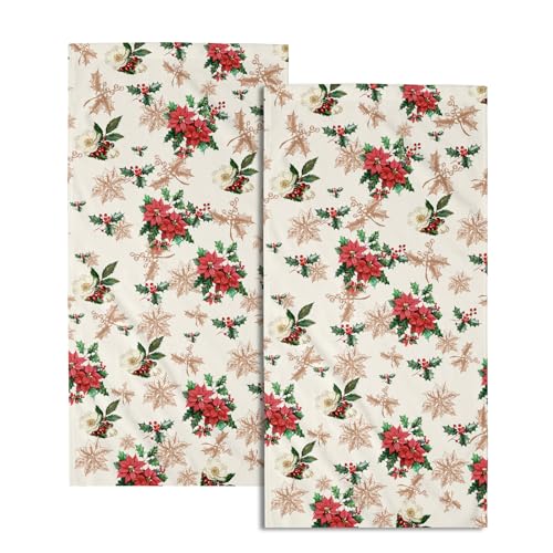 Red Brown Poinsettia Flowers Hand Towel Set of 2 Soft Absorbent Cream Xmas Green Leaf Christmas Holiday Tea Towels Baking Cooking Wash Cloth for Bathroom Kitchen Bar Beach Gym Spa Decor 14x28 Inch
