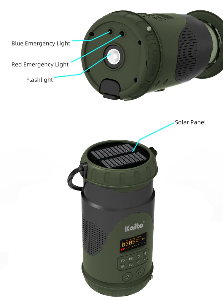 Kaito KL101 Linterna y linterna de emergencia para camping, manivela y energía solar, batería recargable de 5000 mAh, radio AM/FM/clima, impermeable, alarma SOS, carga USB