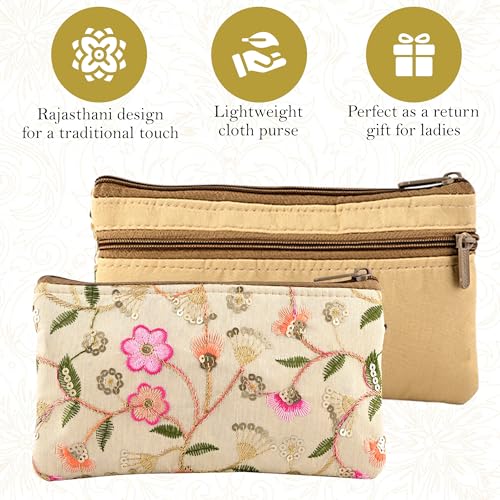 Image of Kuber Industries 3 Pcs Polyester Traditional Hand Purse Ladies with Zip | Embroidery Wallet Purse For Women | Ethnic Pouch for Party Wear | Return Gift for Ladies | New Flower - Cream