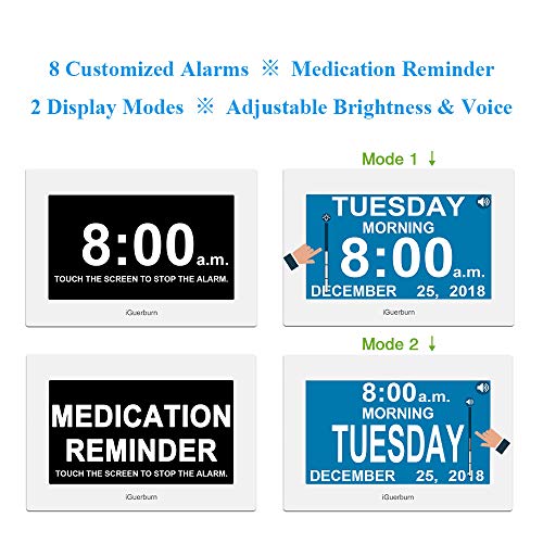 iGuerburn Talking Night Day Clock 8" Large Display with Touchscreen for Dementia Seniors Alzheimer's Elderly Visually Impaired Memory Loss Digital Calendar with Date and Time 8 Alarms Manual Dim