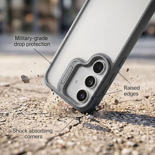 Image of amazon basics Frosted Matte Case for Samsung Galaxy S24 5G | Built-in Flip-Out Camera Lens Stand | Translucent Back with Contrast Gray Bumper | Shockproof Protective Cover with Foldable Kickstand