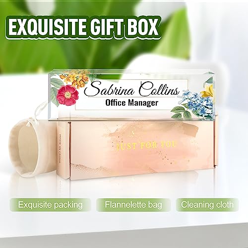 Image of Name Plate for Desk, Desk Name Plate Personalized, Blue Office Decor for Women Men, Acrylic Desktop Accessories, Office Gifts for Boss Nurse Teacher Coworker, Employee Appreciation Gift (Flowers B)