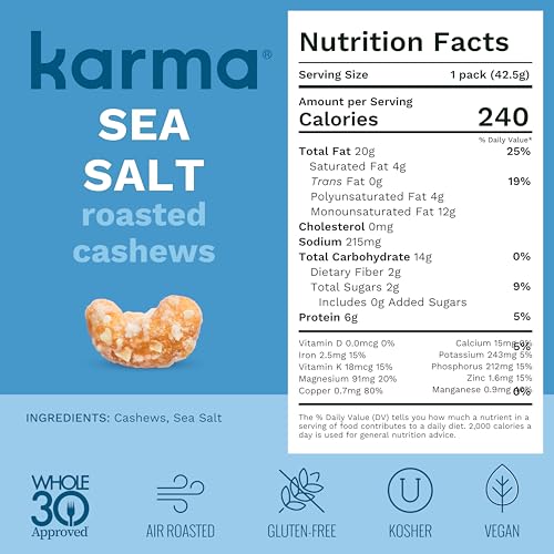 Image of Roasted Sea Salt Cashews by Karma Nuts, Whole, Roasted, Vegan, Gluten Free, Low Net Carb, Natural, No Sugar Added, Keto Friendly, Everyday Nut Snack, 1.5 Ounce (12 Snack Packs)