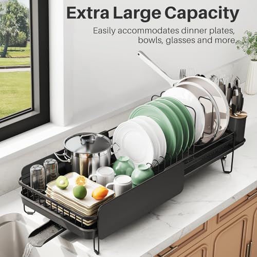 Image of Large Expandable Dish Drying Rack for Kitchen Counter, 19.3-29.4 in, Black | Family Size Capacity, Adjustable Dividers for Pan, Lid & Cutting Board, Stainless Steel, Rotating Spout, Utensil Holder