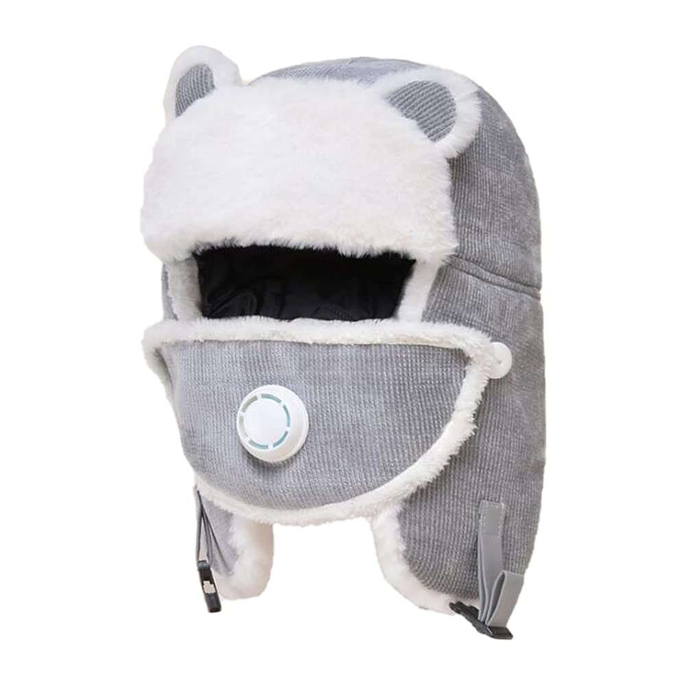 OhMill Kids Trooper Trapper Hat Cute Bear Ear Thermal Pilot Cap with Earflaps Detachable Face Mask Adjustable Chin Strap Velvet Lining Windproof Hat Snow Cap for Girls Boys Winter Cold Weather