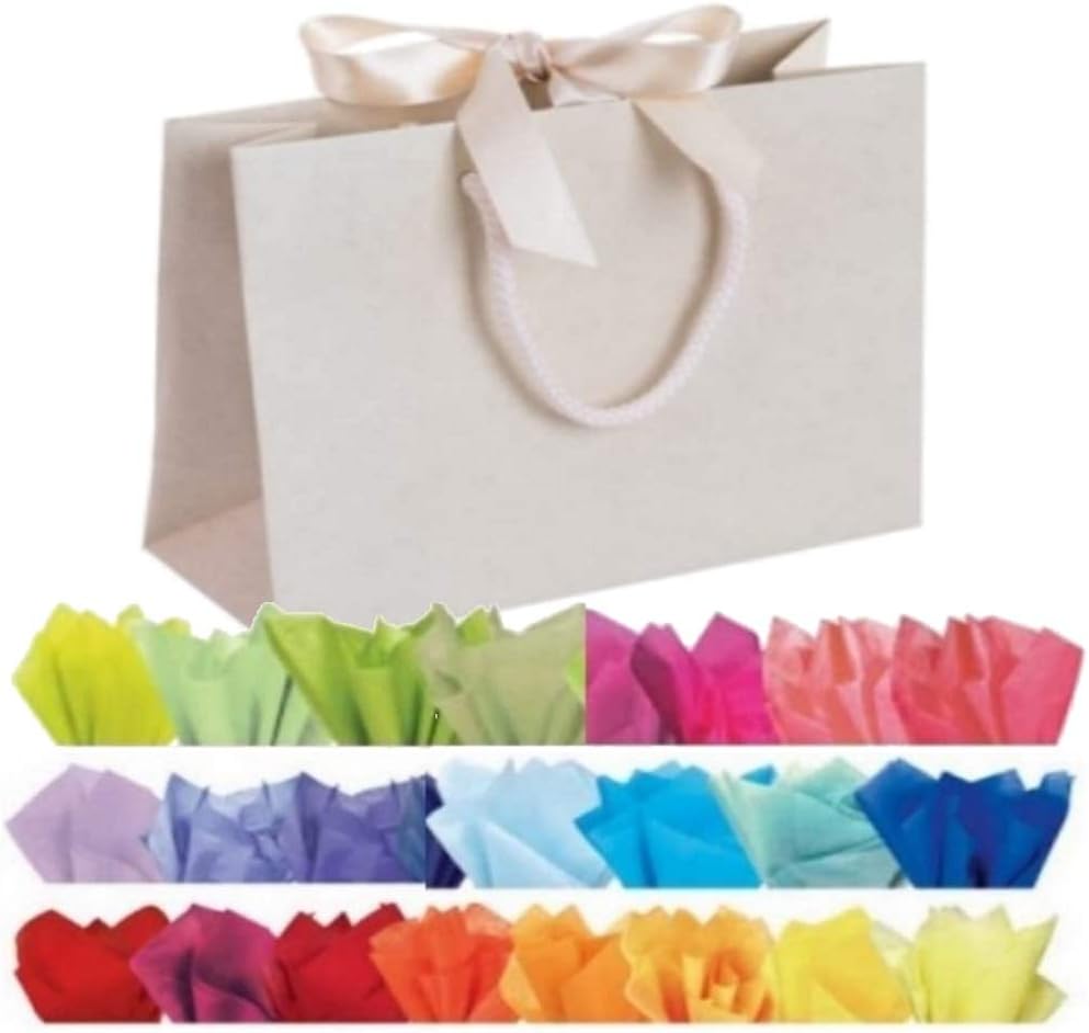 Natural Or Cream Boutique Shop Ribbon Tie Gift Bags Rope Handle Events Bag Plus Tissue Wrap (Cream Small, 8 Bags)