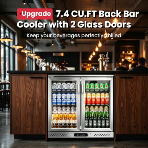 Image of BODEGA 35 inch W Back Bar Cooler Stainless Steel Counter Height Beverage Fridge, 7.4 Cu.Ft Commercial Beer Fridge, 2 Glass Door Display Drink Cooler with LED Light for Bar Pub Night Club