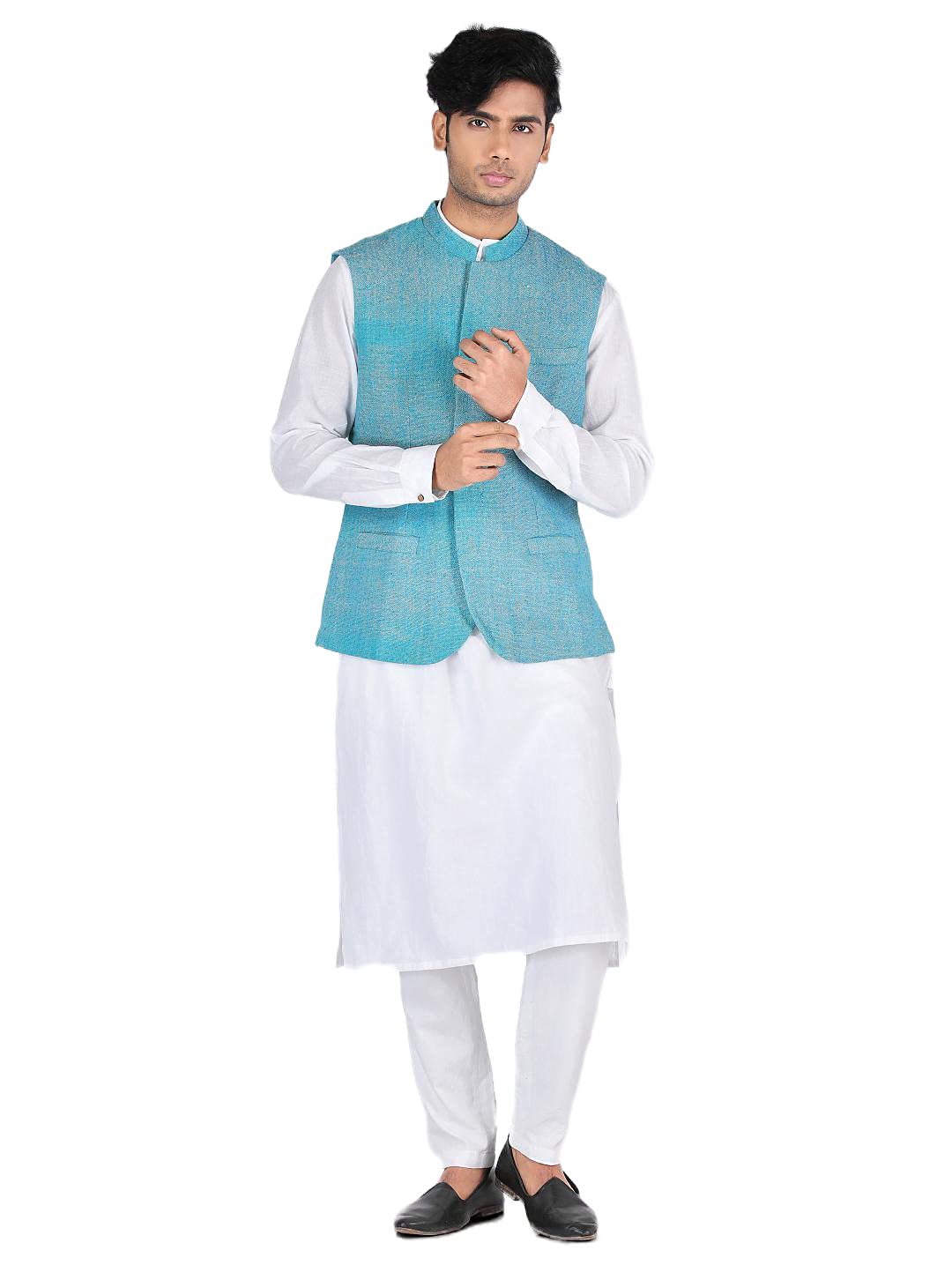 rentiyo Men's Regular Fit Matka Khadi Silk Nehru Printed Jacket [Teel Blue]-picture-31