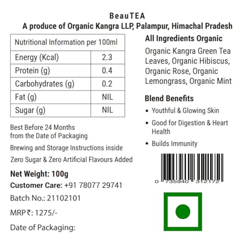 Image of Kangra Tea House BeauTEA Certified Organic Hibiscus Rose Green Tea Loose Leaf | Skin Glow Detox Tea | Whole Leaf Kangra Green Tea | Antioxidant Herbal Tea | 200g - Combo Pack of 2 (100g Packs)