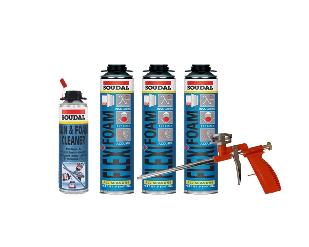 Soudal Zestaw ekonomiczny 3 x Flexifoam pianka do okien 500 ml + pistolet do pianki Compact + pistolet do czyszczenia pistoletu