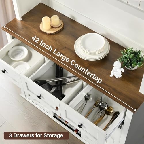 4 EVER WINNER Sliding Barn Door Coffee Bar & Pantry Cabinet, 72” Tall Kitchen Hutch with Wine Rack, White