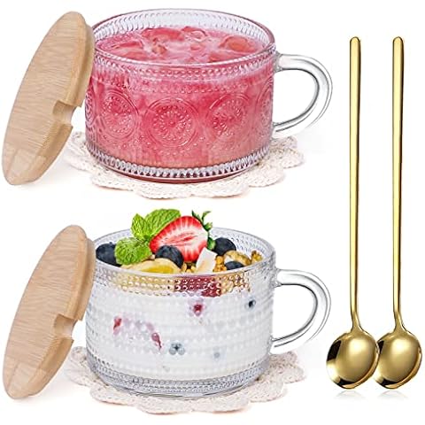 ZgoEC 2pcs Vintage Kaffee Glas Kaffeebecher, Geprägte Sonnenblume Kaffee Gläser, 14oz Trinkgläser mit Bambusdeckel, Kristallglas mit Löffel und Untersetzer Cover