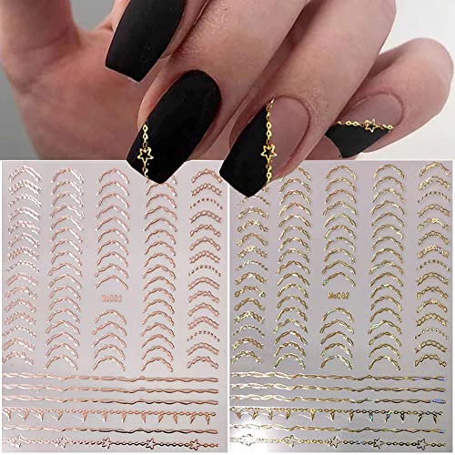 8 Sheets French Nail Stickers For Nail Art, 3D Self-Adhesive Nail Decals Gold Nail Art Supplies Bronzing Silver Stripe Curve Lines Nail Design Manicure French Tip Nail Sticker Diy Nail Art Decorations #TOP3