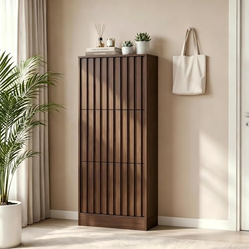 UEV Armoire à Chaussures avec 3 Abattants, Meuble à Chaussures Inclinable, Étagère Réglables et Amovibles, Motif en Ligne, pour Entrée, Couloir, Salon,...