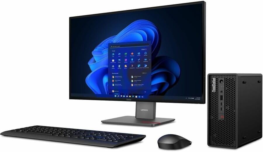 Lenovo ThinkStation P3 Ultra Gen 2 Workstation shown alongside a monitor, keyboard, and mouse, displaying the Windows 11 desktop.
