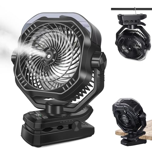 Image of Portable Rechargeable Misting Fan with 12oz Mist, Battery Life Display, Remote, Timer, Light, 5 Speeds, 9-Inch, 20000mAh 120H Battery Powered Clip Fan for Stroller, Travel, Outdoor, Poweroutage
