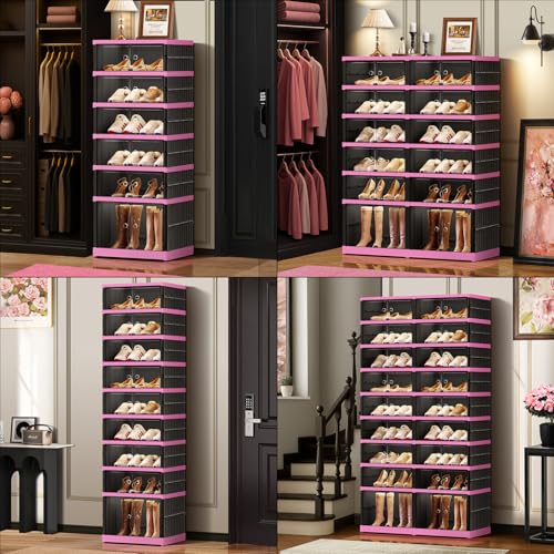 Image of CIMLORD 9-Tier Foldable Shoe Rack Organizer with Door, 36 Pairs, Black-Pink | Collapsible Large Shoe Rack for 36 Pairs, Fits Boots, Wide Stackable, Clear Door, Lidded Boxes, Easy Assembly, for Closet