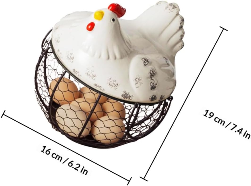 SECFOU White Small Iron Egg Basket with Handle for Kitchen Storage and Snack Organization, Rustic Farmhouse Style Decorative Fruit and Egg Collection Basket for Home and Restaurant Use