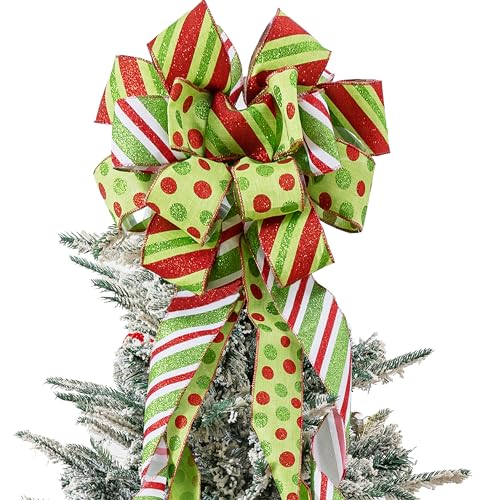 Christmas Tree Toppers Bow Wreath Red Green White Dot Large Letter Stripe Christmas Bow?Holiday Wedding Thanksgiving Home Indoor/Outdoor Decoration (Green&Red Streak)