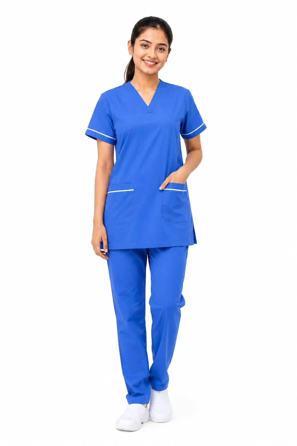 Blue Nurse Scrub Set for Women – V-Neck Top with Pockets & Elastic Waist Pants Professional Medical Uniform-image-8