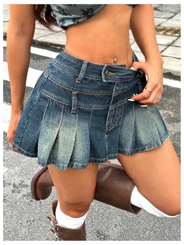 MakeMeChic Women's Pleated Denim Skirt A Line Flare Y2k Mini Jean Skirts3