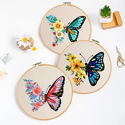 Image of Santune 3 Pack Embroidery Kit for Beginners Adults Cross Stitch Kits with Butterfly Patterns and Instructions,DIY Hand Crafts with 1 Hoop,Threads and 6 Needles