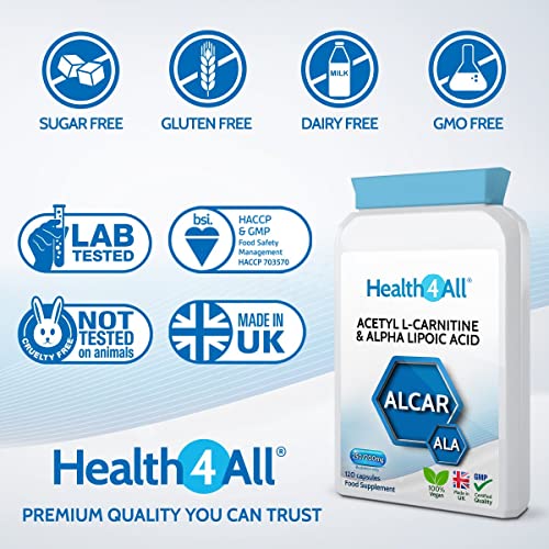 Health4All Acetyl L-Carnitine 250mg & Alpha Lipoic Acid 200mg 120 Capsules (V) Vegan ALCAR ALA Capsules - Image 3