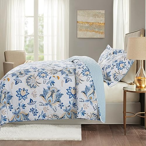 NEWLAKE Cotton Bedspread Quilt Sets-Reversible Patchwork Coverlet Set, Gorgeous Floral Pattern, King Size