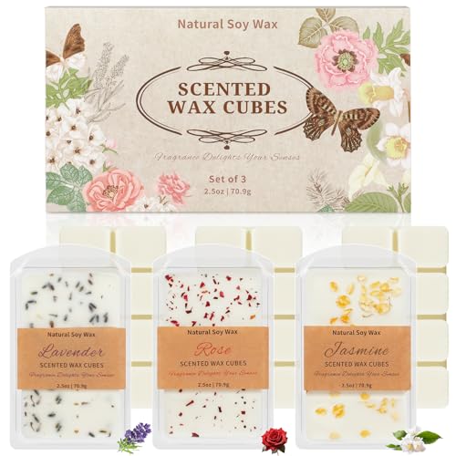 STRN Wax Melts Dried Floral Essential Oil Wax Cubes, Natural Soy Wax Cubes with Botanical Fragrance Rose, Lavender, Jasmine (3x2.5 oz), Long-Lasting Aromatherapy for Wax Warmers, Home, Yoga,