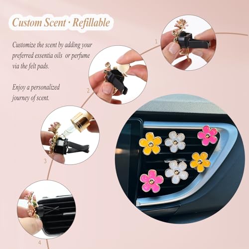 Image of ORIESSE 6pcs Flowers Car Air Freshener Vent Clips,Pink Yellow White Daisy Flowers Air Vent Clip Car Accessories for Women,3.3cm /3cm Flower Girly Vehicle Decor Refillable Outlet Diffuser