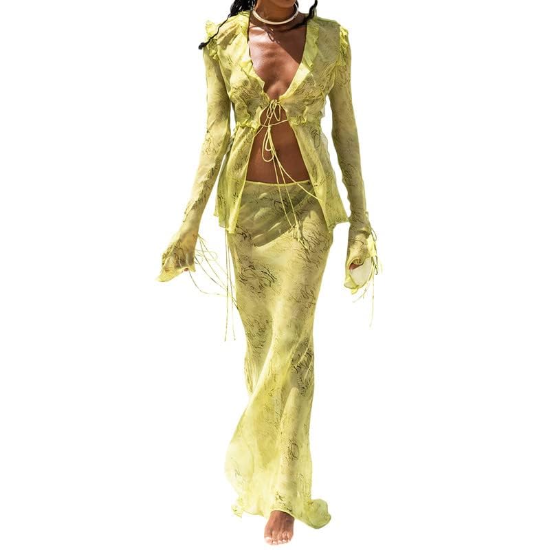 Women 2 Piece Maxi Skirt Set Sexy Lace Up Tank Top High Waist Long Skirt Set