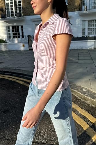Image of Y2k Girls Vintage Coquette Button Down Shirt Women Short Sleeve V-Neck Slim Fitted T-Shirt Cute Blouse Crop Top