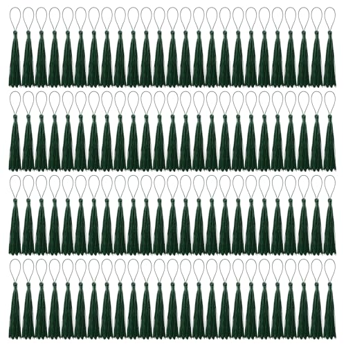 BOUBONI 100 Pcs Bookmark Tassels Bulk Dark Green Soft Craft Silky Handmade Mini Tassels for Jewelry Making with Loops for DIY Craft Accessory Dress Decoration