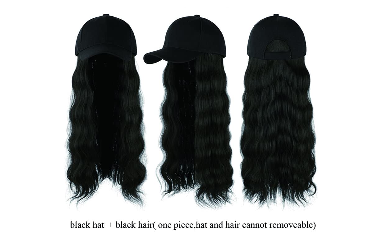 Onepiece Baseball Cap with Hair Extension 21inch Long Wavy Hair Synthetic Wig Hat with Hair for Women Girl