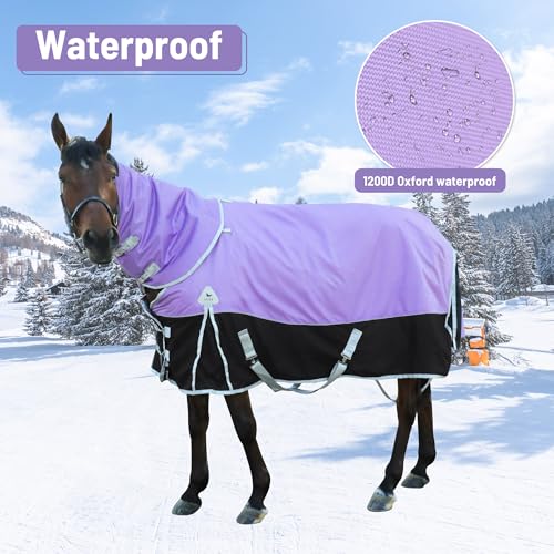 Image of Premium 1600D Waterproof Horse Turnout Blanket with Detachable Neck Winter Medium Weight, 400g Warm Cotton Filling Premium Turnout Horse Blanket with Detachable Neck Cover