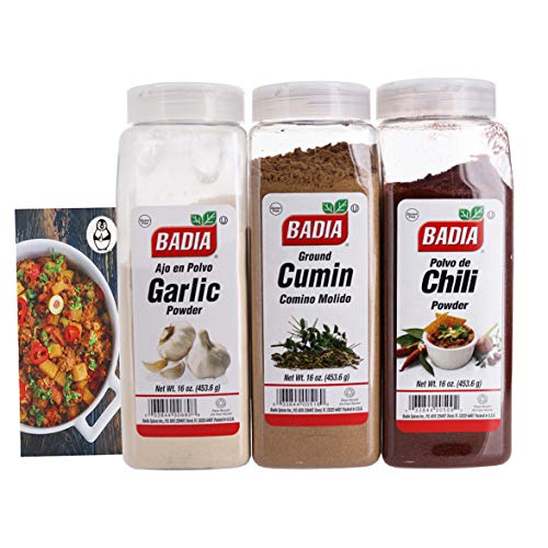 Badia Chili Powder, Garlic Powder, and Ground Cumin Seasoning Bundle (3 Pack) W/ Premium Penguin Recipe Card - Seasonings for Meats, Chilis, Eggs, and More!