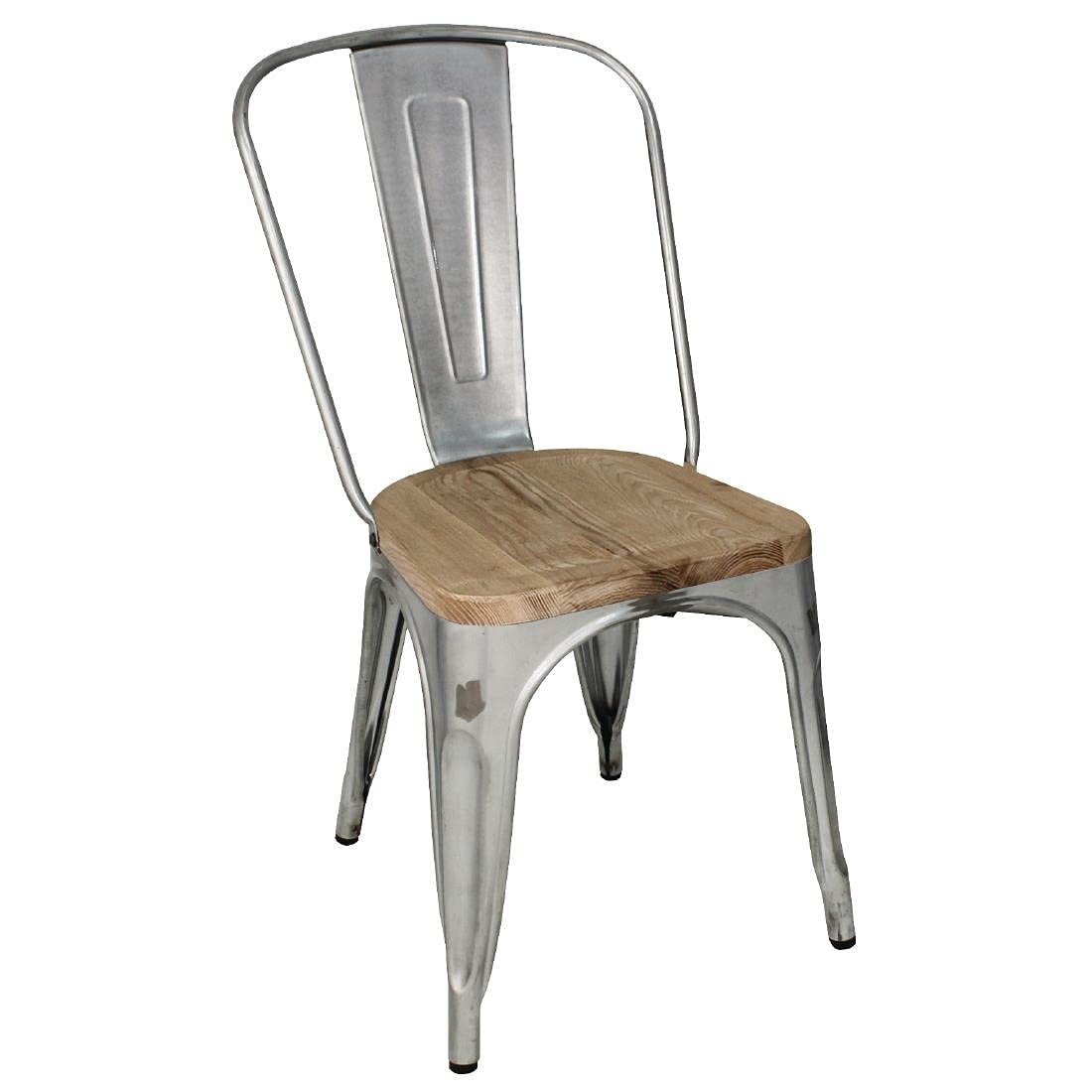 Bolero Chaise acier avec assise en bois (lot de 4), assise en acier galvanisé/frêne, hauteur d'assise : 445 mm, chaises d'intérieur et d'extérieur, empilables, usage professionnel et domestique, GM642