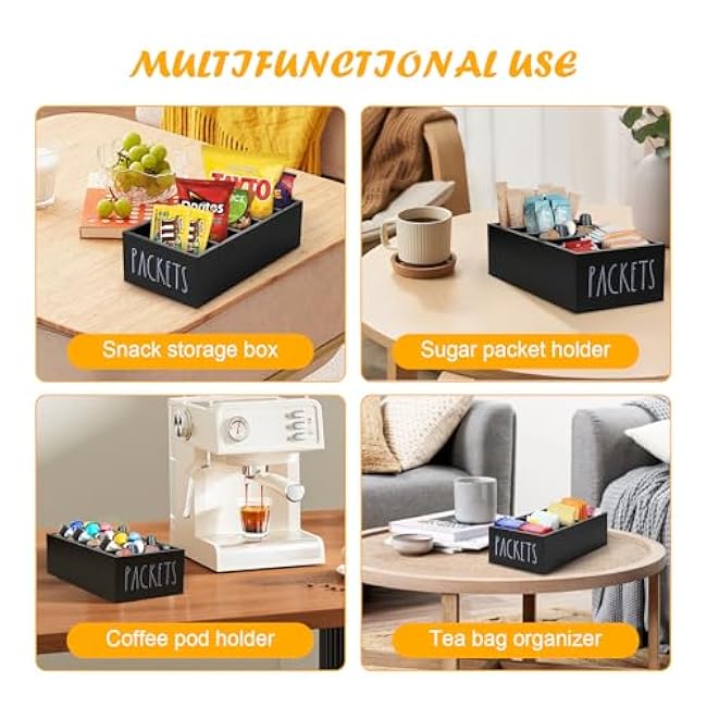 Seasoning Packet Organizer, Spice Packet Storage Organizer with 5 Compartments, Wooden Food Packet Organizer, Caddy Storage for Kitchen Pantry Cabinet, Modern Kitchen Organization Bins(Black)