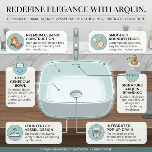 Image of ARQUIN ARQUIN Wash Basin for Bathroom Table Top Washbasin, Countertop Basin | Ceramic Washbasin Bathroom,Hotel | Living Room | Office Vanity Wash Basin (16.34x16.34x4.53 Inch)