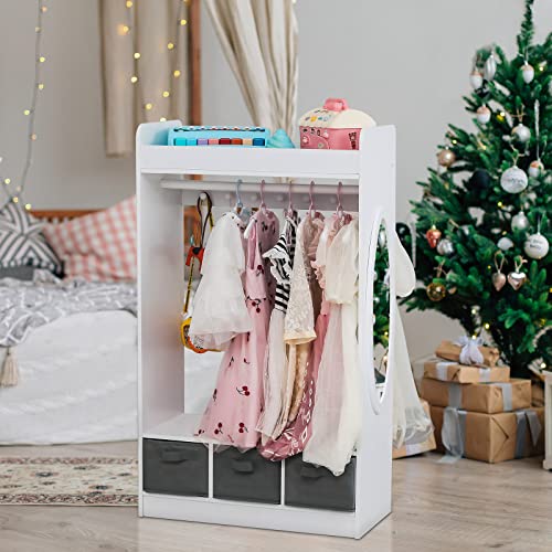 Image of Karl home Large Dress up Storage w/Mirror, Kids Costume Organizer, Portable Closets with 3 Non-Woven Drawers, Kids Costume Closet Open Storage Space, for Children Bedroom Party Nursery, White