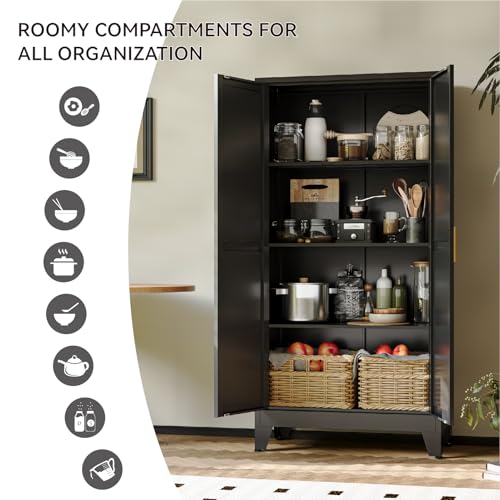 Image of COFaR 61 inch Metal Pantry Cabinet in Black, Modern Storage Cabinet with Adjustable Shelves, Sturdy Metal Cupboard for Kitchen, Office, Living Room & Bathroom Organization